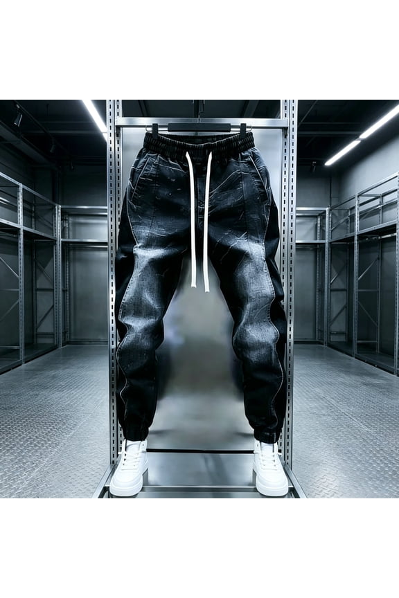Men's Black-Grey Washed Drawstring Jogger Jeans, Streetwear Style, Edgy & Casual Vibe, Trendy Wear, Ideal for Daily & Street Occasions