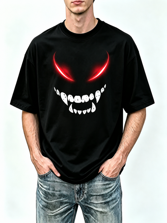 Men's Black Halloween Evil Red Eye Smile Face Print Relaxed Fit Crew Neck Short Sleeve Graphic T-Shirt