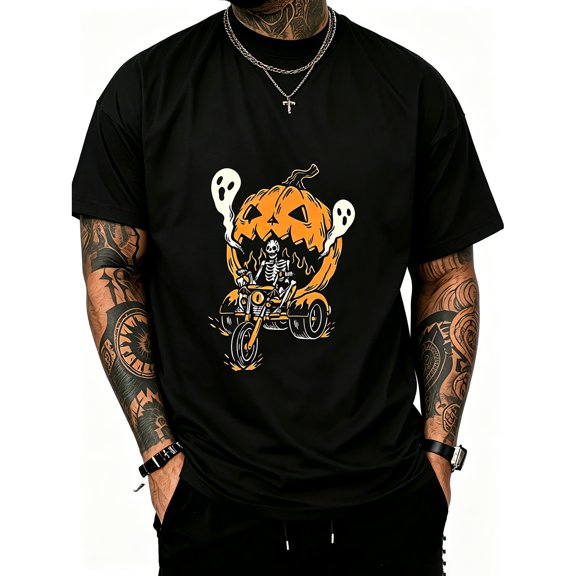 Men's Black Halloween Skeleton Riding Pumpkin Motorcycle Print Relaxed Fit Crew Neck Short Sleeve T-Shirt