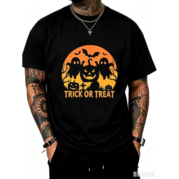 Men's Black Halloween Trick Or Treat Ghost Pumpkin Bat Print Relaxed Fit Crew Neck Short Sleeve T-Shirt