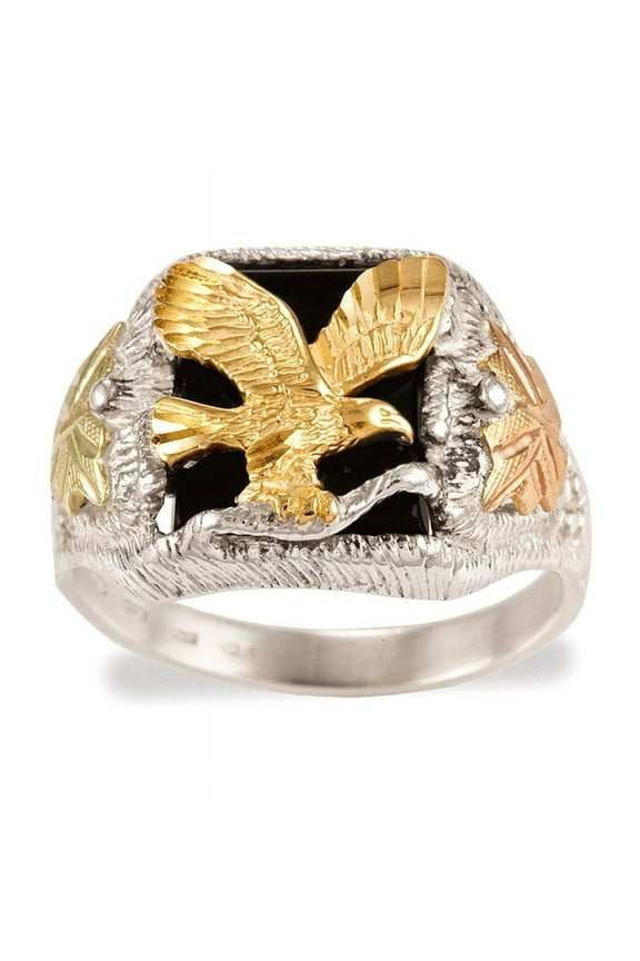 Men's Black Hills Gold and Sterling Silver Eagle Ring with Onyx Size 11.5