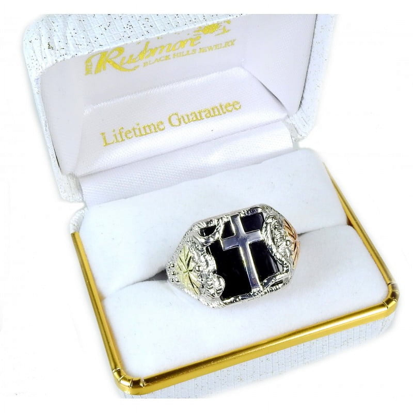 Men's Black Hills Gold on Sterling Silver Cross Ring w Onyx Size 13