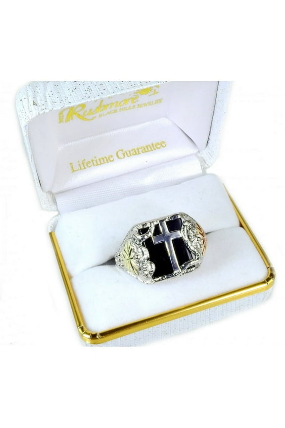 Men's Black Hills Gold on Sterling Silver Cross Ring w Onyx Size 13