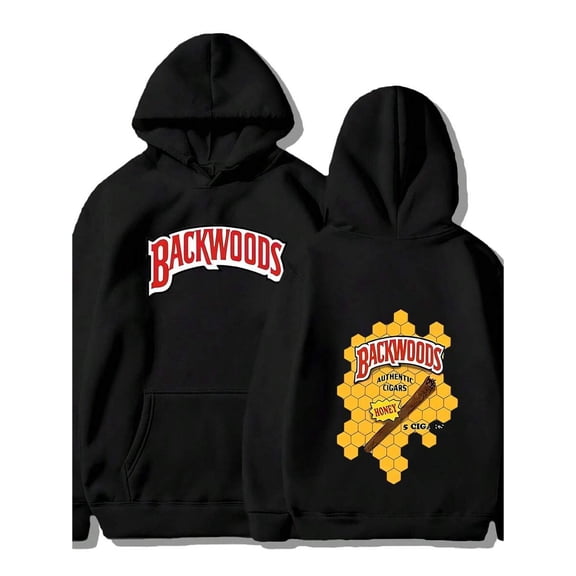Men's Black Hooded Sweatshirt With Backwoods Honey Bee & Tobacco Leaf Graphic Print - Oversized Casual Pullover Hoodie, Drawstring Hood, Machine Washable Winter Warmth, Relaxed Fit For AutumnWinter,