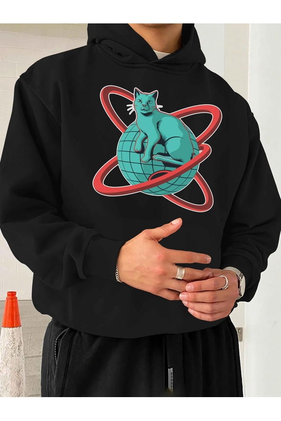 Men's Black Hooded Sweatshirt with Turquoise Cat & Red Globe Print - Casual Pullover Sweater Hoodie, Machine Washable Knit Fabric, All-Season Fit for Casual Attire, Travel & Lounge - Cool White Cat o