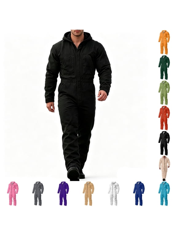 Men's Black Hooded Work Coverall Jumpsuit Long Sleeve Full Body Utility Outfit for Winter Outdoor Job Sites