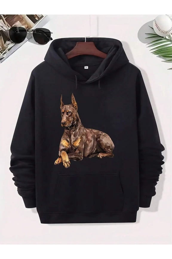 Men's Black Hoodie With Brown Doberman Pinscher Graphic - Streetwear Pullover Sweatshirt, Front Pocket, Machine Washable Dog Lover Apparel For Everyday Casual Outfits, Dog Hoodie, Comfortable Cotton,