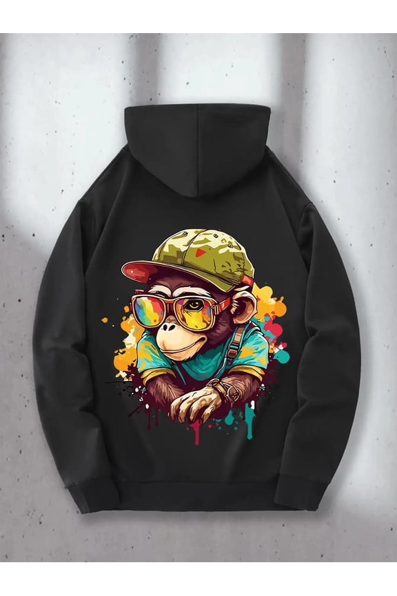 Men's Black Hoodie with Monkey & Graffiti Art Print - Loose Fit Streetwear Sweatshirt, Kangaroo Pocket & Adjustable Hood, All-Season Casual Pullover, Machine Washable Urban Style Hooded Jacket for Me