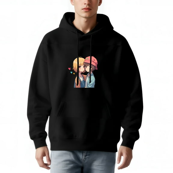 Men's Black Hoodie with Anime Characters - Blonde in Orange & Dark - Haired in Pink Hat Hearts Design Long Sleeve Pullover with Pocket