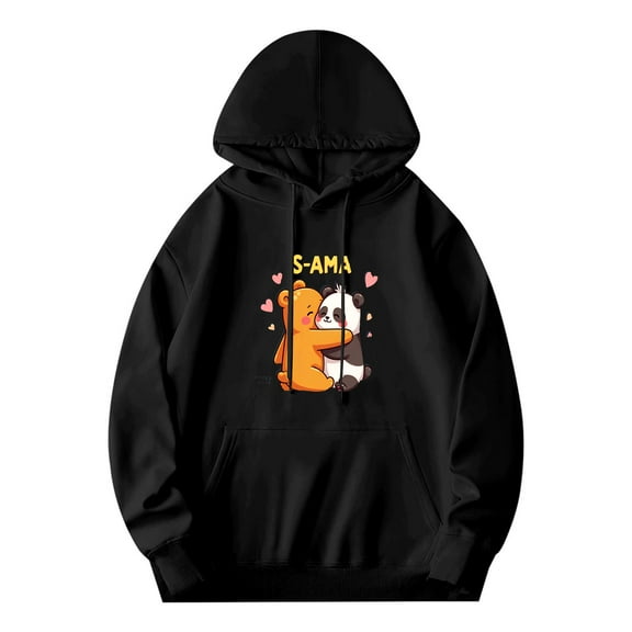 Men's Black Hoodie with Cartoon Bear & Panda Hugging Yellow ' S - AMA ' Text Front Pocket Drawstrings Cute Heart Design