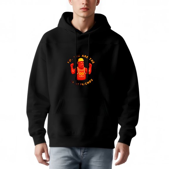Men's Black Hoodie with Cartoon Character Graphic - " NO I AM THE FUTURE " Text Relaxed Fit Front Pocket Drawstrings