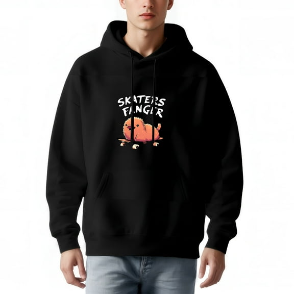 Men's Black Hoodie with Cartoon Dog Design KATERS FINGER ' Graphic Relaxed Fit Long Sleeve Pullover with Front Pocket