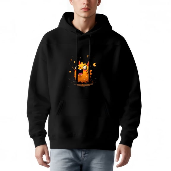Men's Black Hoodie with Cartoon Flame Creature Design Front Pocket Drawstrings Casual Long Sleeve Pullover Sweatshirt
