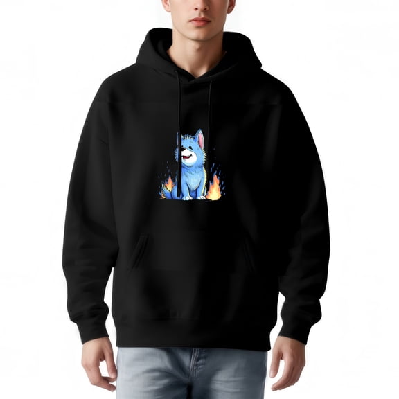 Men's Black Hoodie with Cartoon Flames Design - Long Sleeve Pullover Sweatshirt with Front Pocket