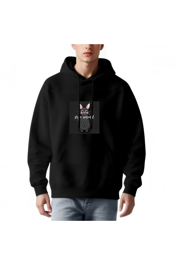 Men's Black Hoodie with Cartoon Rabbit Design Pink Ears ' st le animal ' Text Relaxed Fit Long Sleeve Pullover with Front Pocket