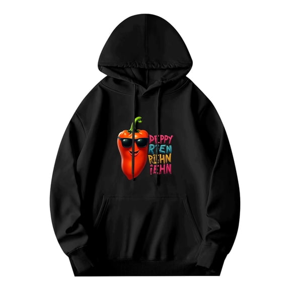 Men's Black Hoodie with Cartoon Red Pepper Design & Colorful ' DEPPY REN RLHN TEHIN ' Text Relaxed Fit Front Pocket Drawstrings