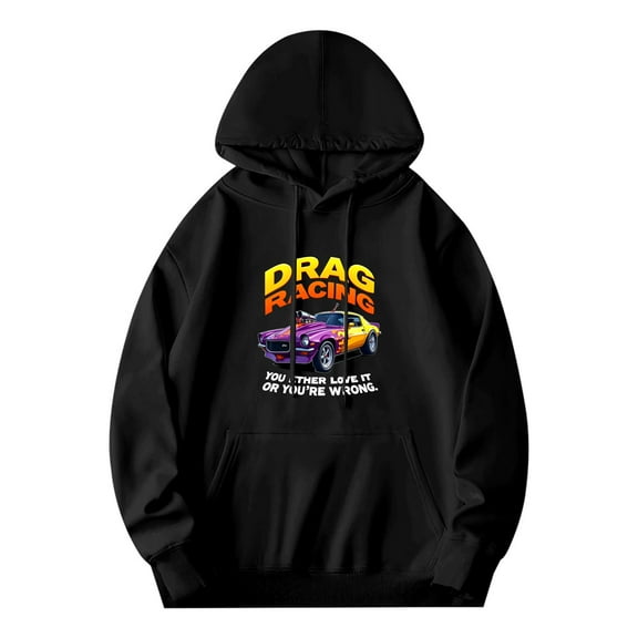 Men's Black Hoodie with Colorful Car Graphic & ' DRAG RACING ' Text Fun Quote: ' YOU *THERE LIES* ON THE ROAD TO THE WONDERFUL '