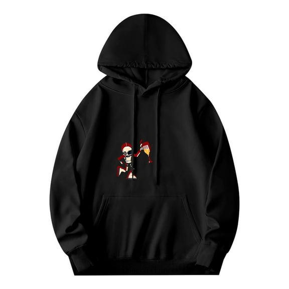 Men's Black Hoodie with Colorful Skeleton Santa Design Long Sleeve Pullover Sweatshirt with Front Pocket and Drawstrings