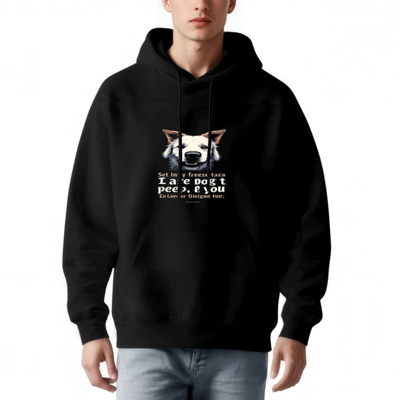 Men's Black Hoodie with Dog Face Print Phrase Long Sleeve Pullover Sweatshirt with Pockets Unique Forest Theme Design