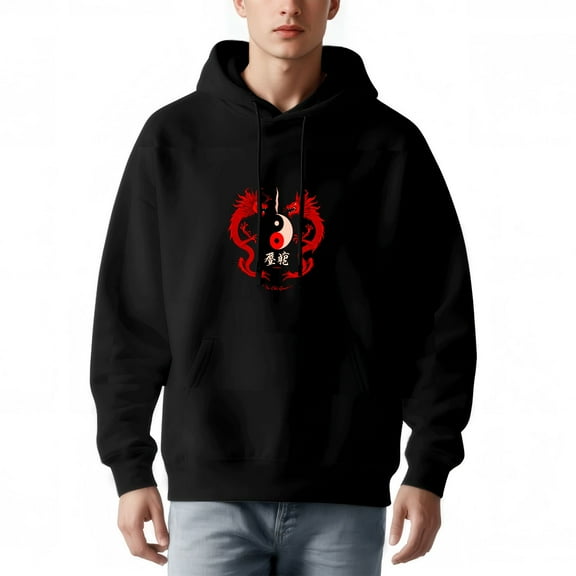 Men's Black Hoodie with Dragons & Yin - Design Long Sleeve Pullover Sweatshirt with Front Pocket & Drawstrings