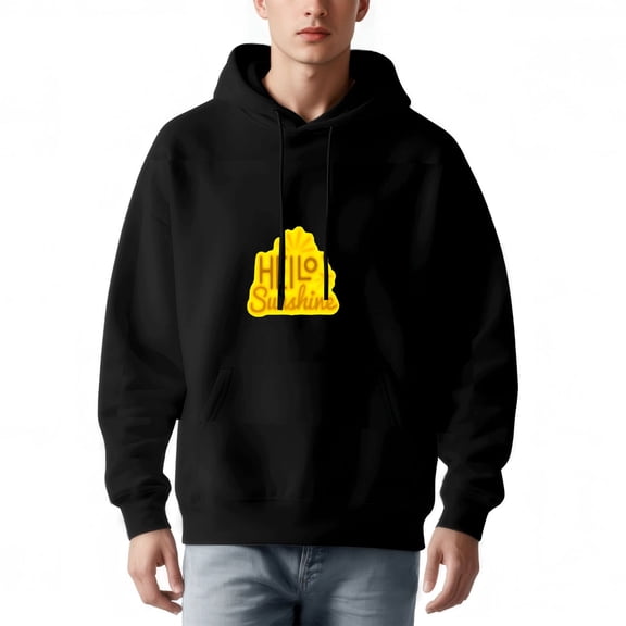 Men's Black Hoodie with Drawstring Yellow Graphic Relaxed Fit Long Sleeve Pullover Sweatshirt with Pockets