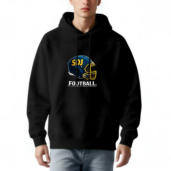 Men's Black Hoodie with Front Pocket Blue Football Helmet Graphic ' SDJ ' in Yellow & ' FOOTBALL ' in White Relaxed Fit Drawstring Hood