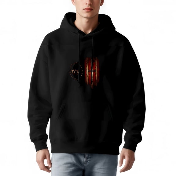 Men's Black Hoodie with Front Pocket Drawstrings American Flag & ' 1776 ' Design in Orange Relaxed Fit Pullover Sweatshirt