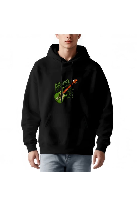 Men's Black Hoodie with Front Pocket Drawstrings Featuring Green Electric Guitar Design & ' ASHVILLE ' Graphic
