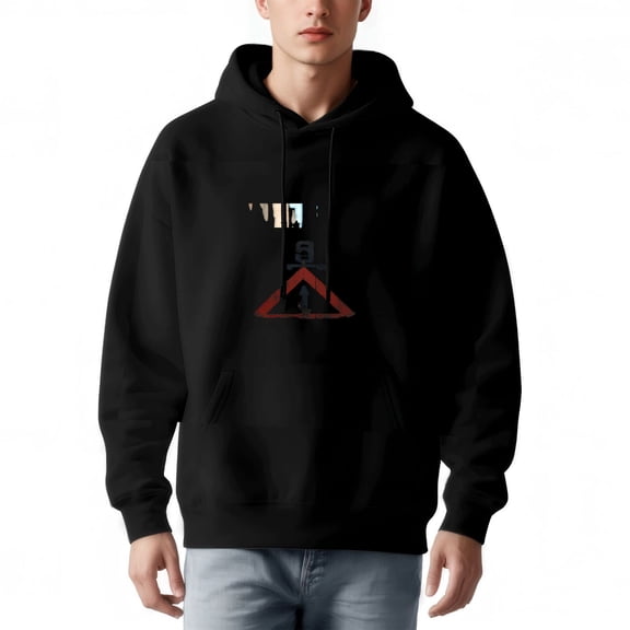 Men's Black Hoodie with Front Pocket Drawstrings Red Triangular Graphic & Silhouette Design Relaxed Fit Long Sleeve Pullover