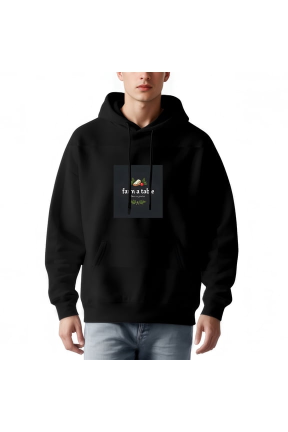 Men's Black Hoodie with Front Pocket Drawstrings & Unique Graphic: Loaf of Bread Tomato & Leaves - ' fa ma talle ' Design