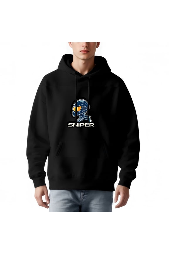 Men's Black Hoodie with Futuristic Blue Robot Graphic & Yellow Eyes ' SNIPER ' in White Letters Long Sleeve Pullover with Pockets