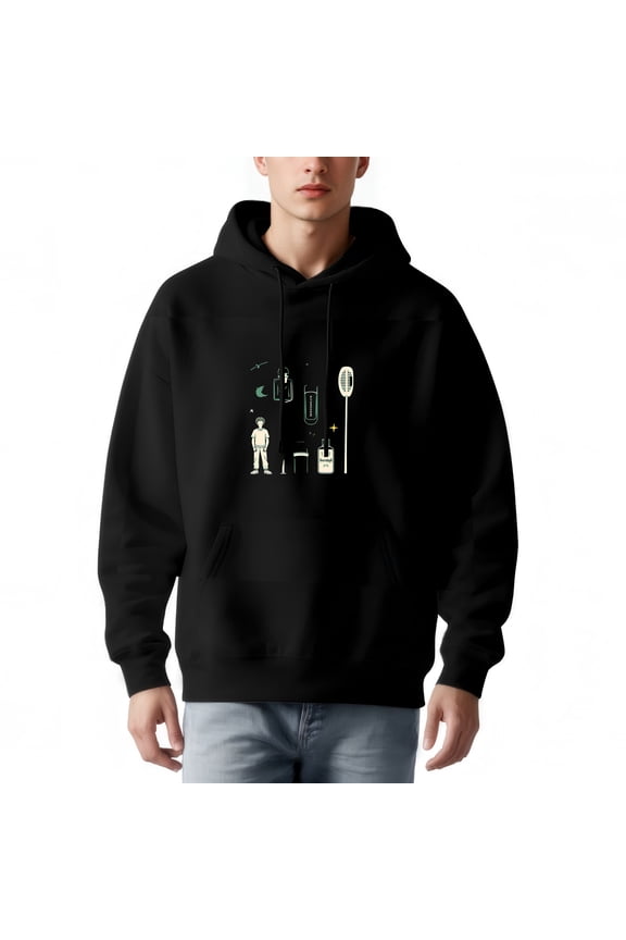 Men's Black Hoodie with Graphic Design: Helmeted Figure by Traffic Light & Street Lamp Stars Long Sleeve Pullover with Pockets