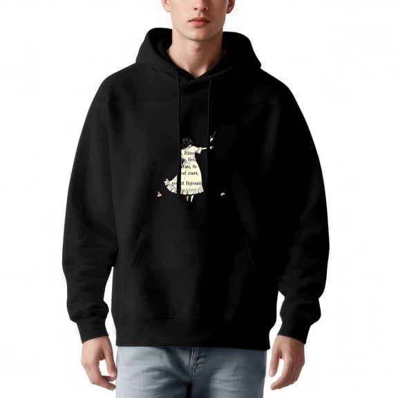 Men's Black Hoodie with Graphic Design - Long Sleeve Pullover Sweatshirt featuring a Person with Butterflies & Nature Quote