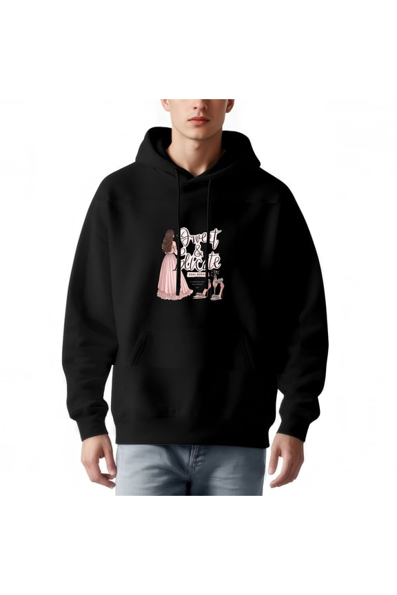 Men's Black Hoodie with Graphic Design: Woman in Pink Dress & Heels ' Impact & Education ' Text Front Pocket Stylish & Comfortable