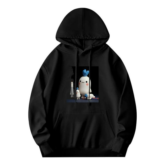 Men's Black Hoodie with Graphic: White Round Character with Blue Heart & Gray Cloaked Figure Long Sleeve Pullover with Pockets