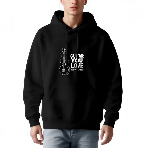 Men's Black Hoodie with Guitar Graphic & ' GUTAR YOU LOVE ' Text Relaxed Fit Long Sleeve Pullover Sweatshirt with Front Pocket