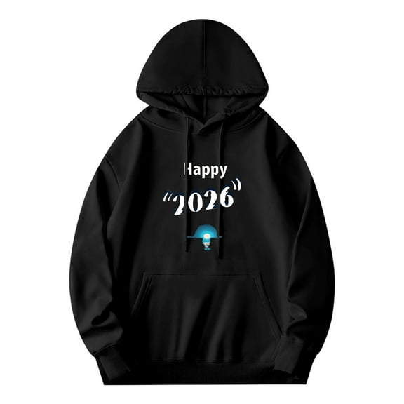 Men's Black Hoodie with ' Happy 2026 ' Text & Light Bulb Graphic Relaxed Fit Long Sleeve Pullover Sweatshirt with Front Pocket