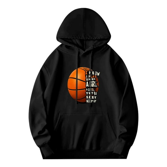 Men's Black Hoodie with Orange Basketball Graphic & White Text - Long Sleeve Pullover with Pockets