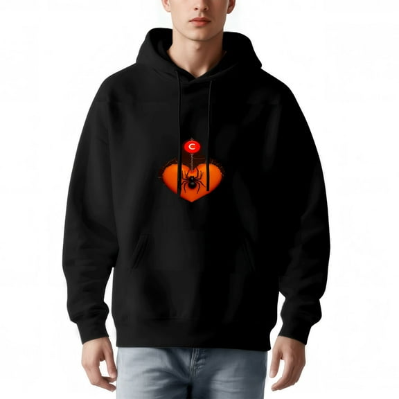 Men's Black Hoodie with Orange Heart & Black Spider Graphic Red ' C ' Emblem Relaxed Fit Long Sleeve Pullover with Front Pocket