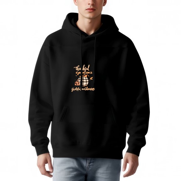 Men's Black Hoodie with Orange Text & Pumpkin Graphic Pattern Long Sleeve Pullover Sweatshirt with Front Pocket