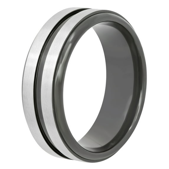 Men's Black IP Stainless Steel Grooved Wedding Band - Mens Ring