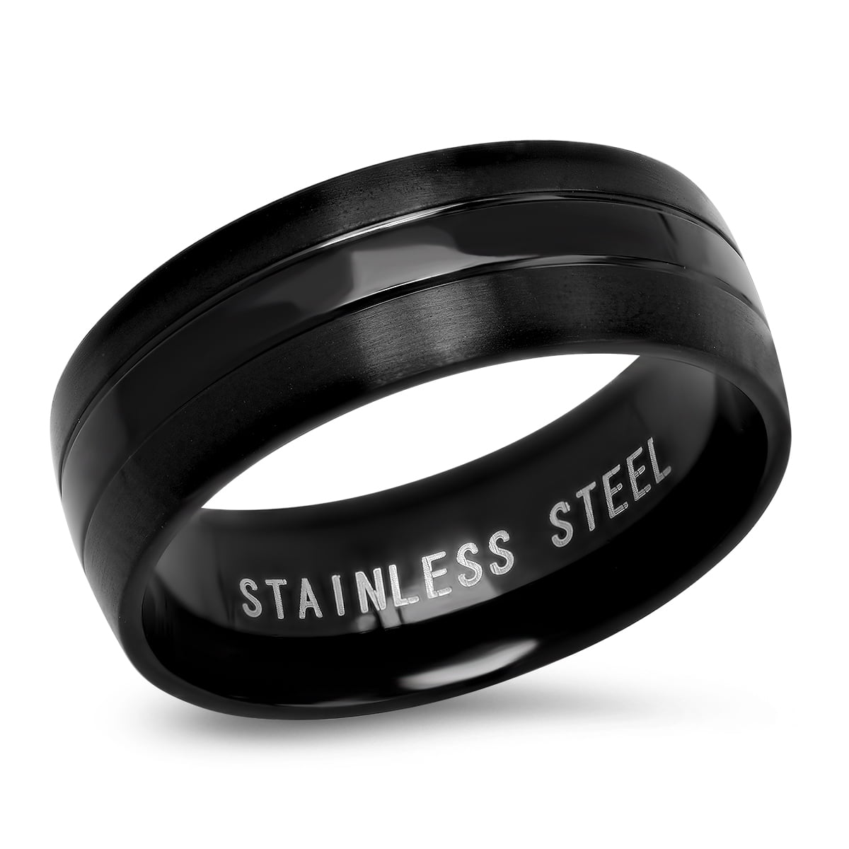 Men's Black IP Stainless Steel Matte Ring with Polished Center Inlay