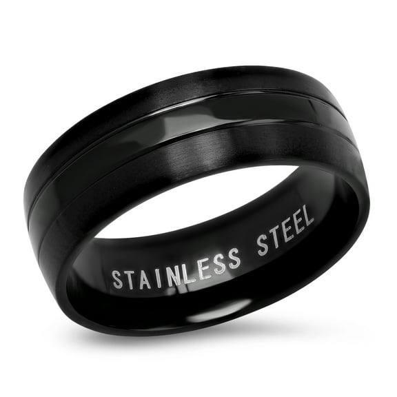 Men's Black IP Stainless Steel Matte Ring with Polished Center Inlay