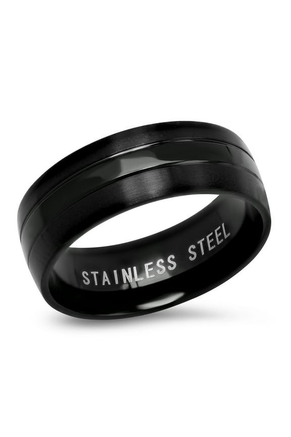 Men's Black IP Stainless Steel Matte Ring with Polished Center Inlay