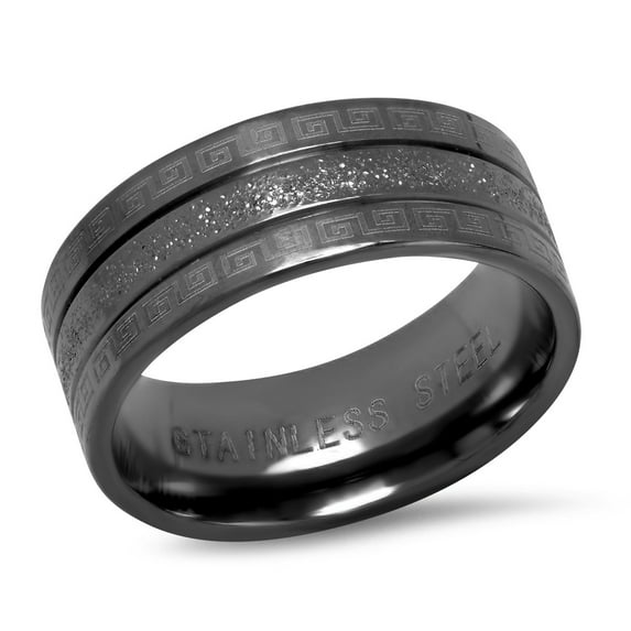 Men's Black IP Stainless Steel Sand Dust Inlay Ring with Greek Key Accents