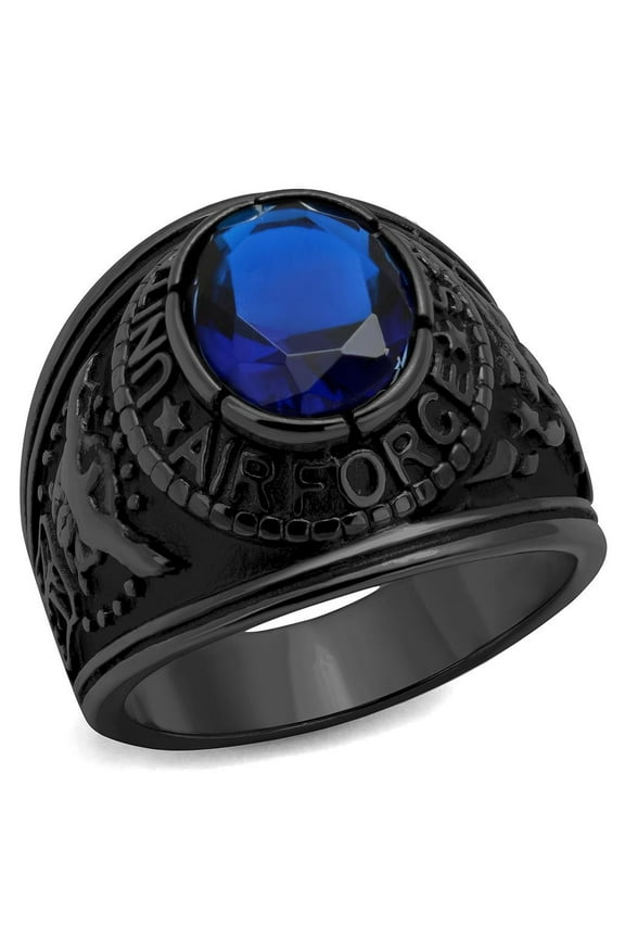 Men's Black IP Stainless Steel Wide Band Air Force Sapphire CZ Ring - Size 9