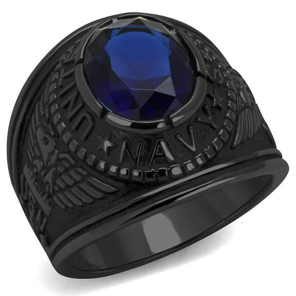 Men's Black IP Stainless Steel Wide Band Navy Sapphire CZ Ring - Size 8