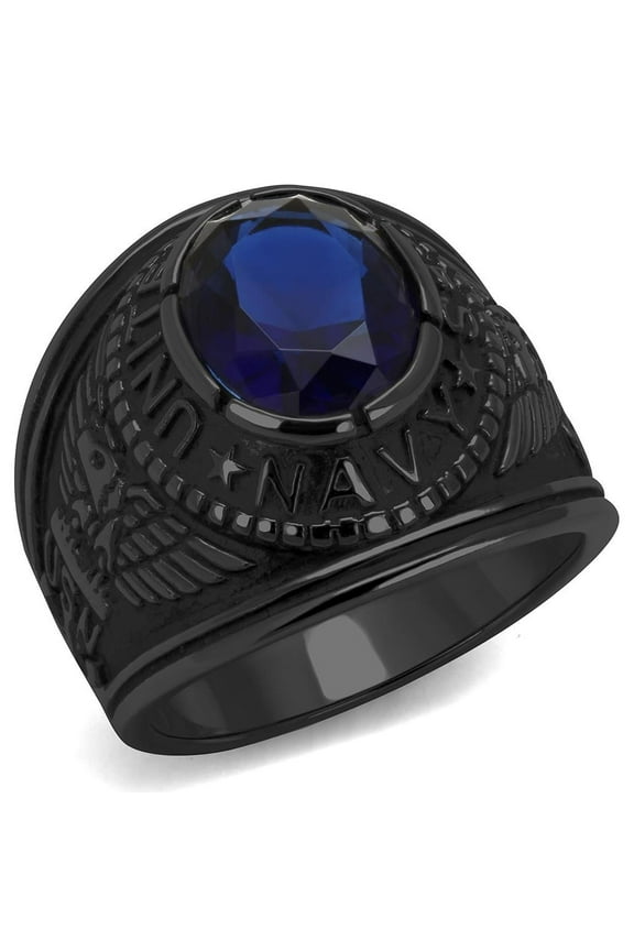 Men's Black IP Stainless Steel Wide Band Navy Sapphire CZ Ring - Size 8