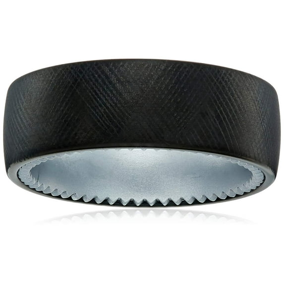 Men's Black Ion Plated Sapphire Tungsten and Titanium 8mm Sandblast Finish and Groove Pattern Wedding Band, Size 10.5