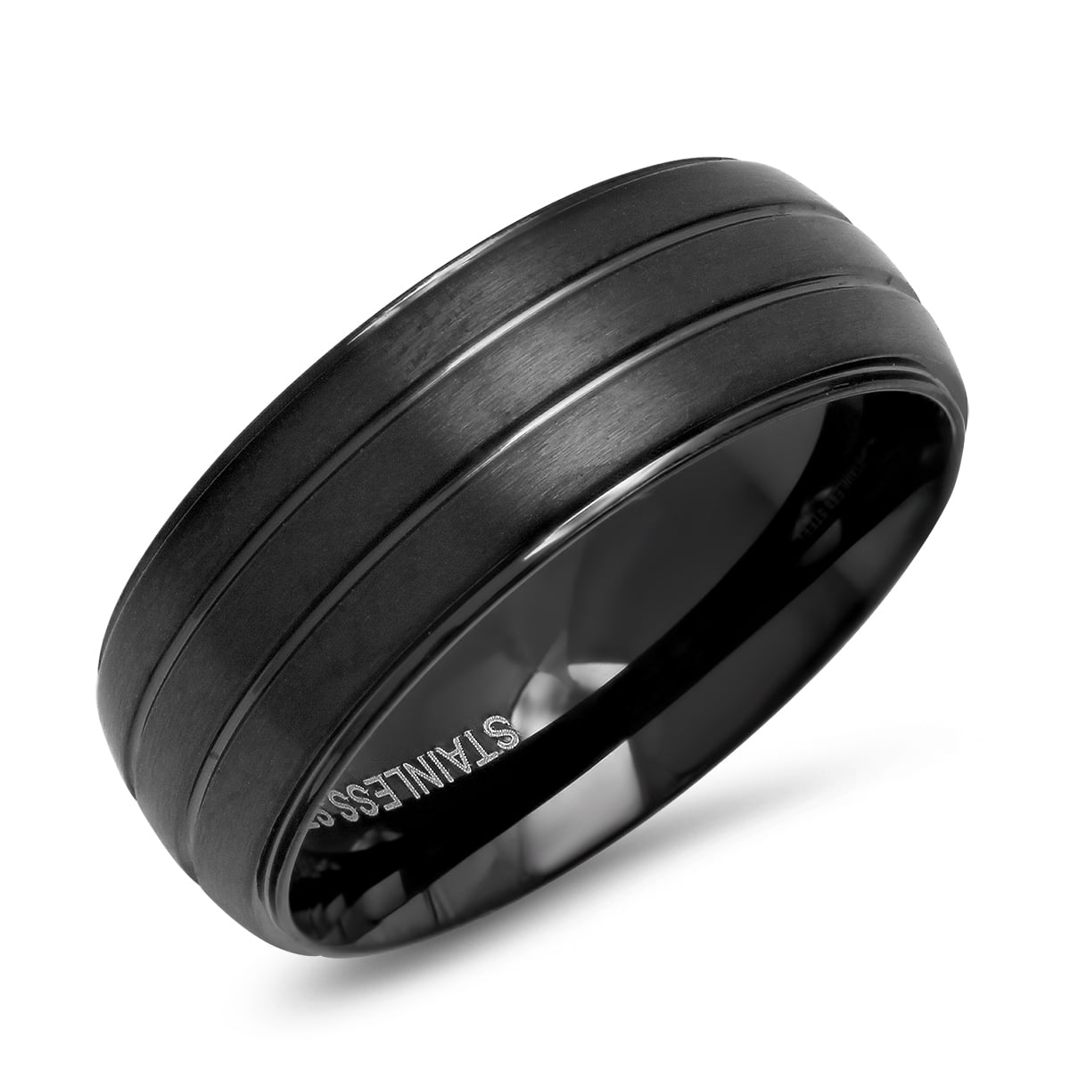 Men's Black Ip Stainless Steel Matte Lined Band Ring